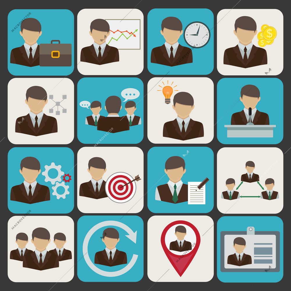 Business and management icons set with businessmen avatars isolated vector illustration