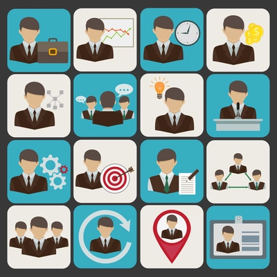 Business and management icons set with businessmen avatars isolated vector illustration