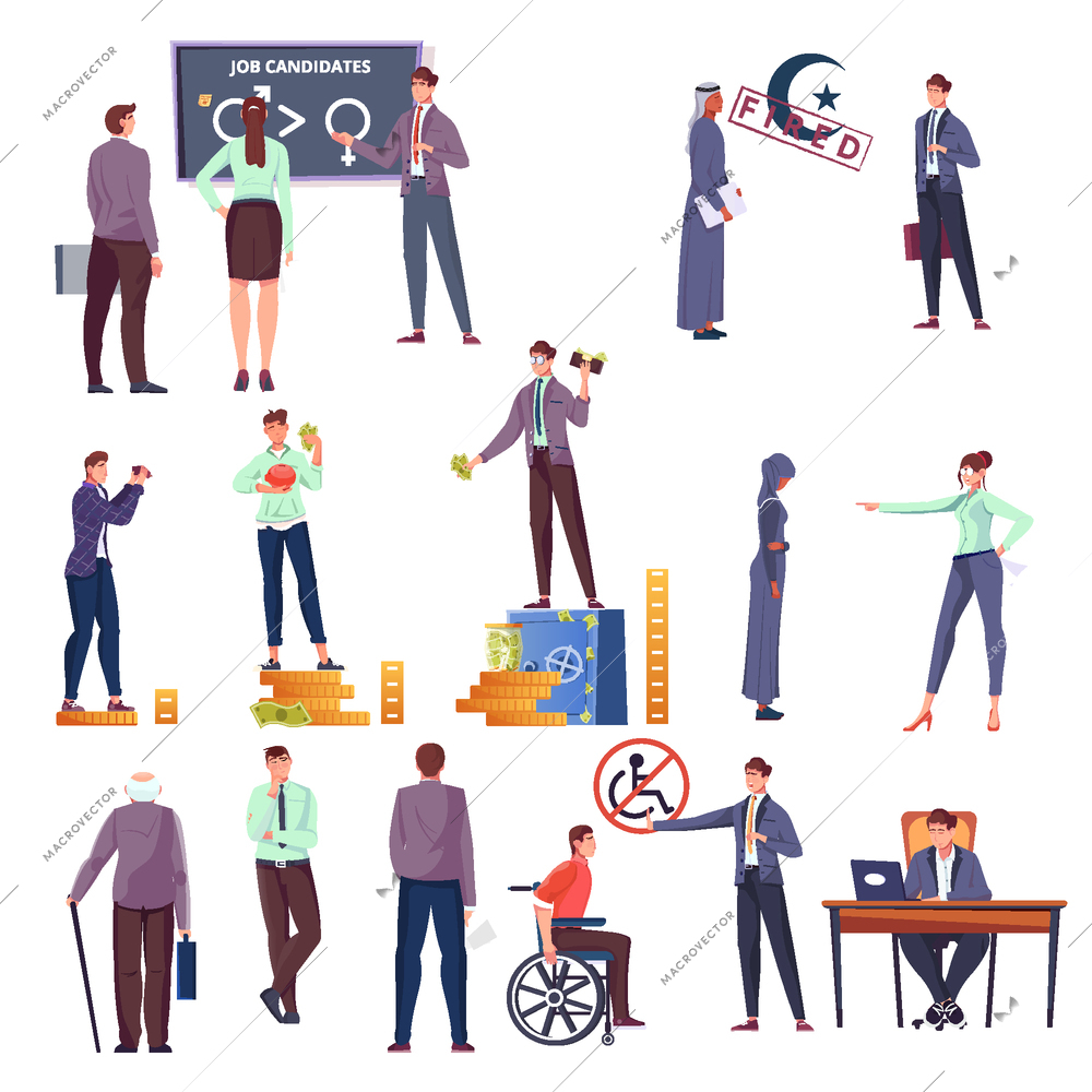Discrimination flat icons set with disabled elderly rich poor male and female people isolated vector illustration