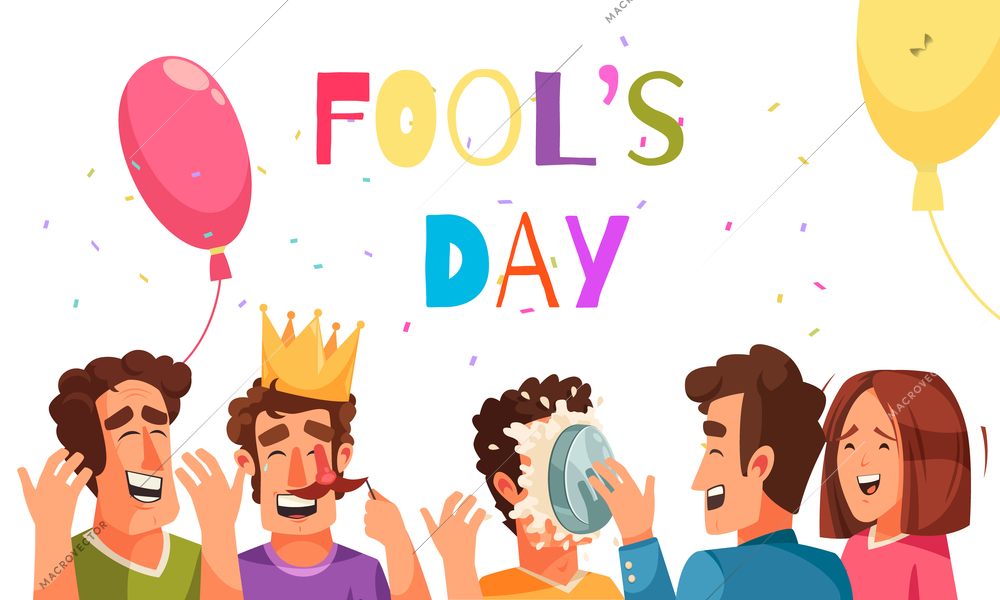 Fools day composition with editable text and doodle characters of laughing people with balloons and confetti vector illustration