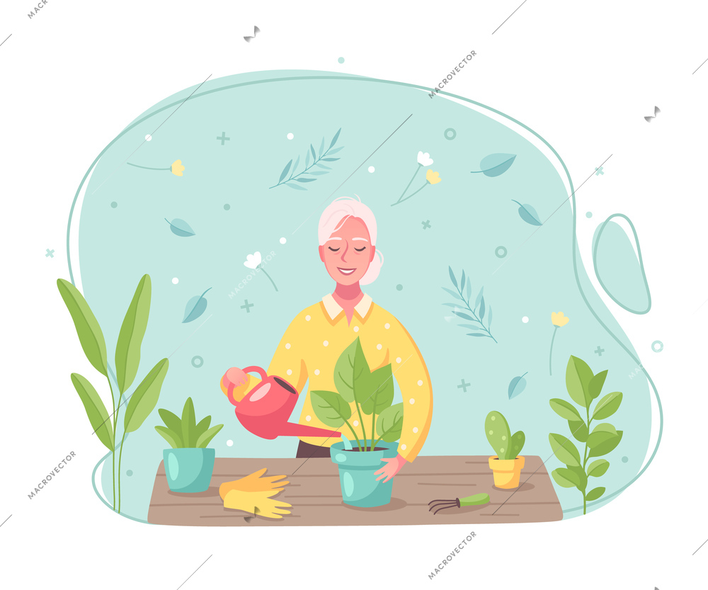Hobby pastime activities cartoon composition with woman watering repotting taking care of plants flat background vector illustration