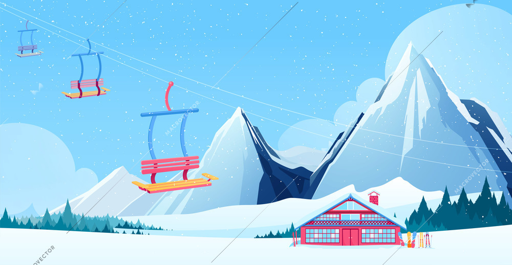 Winter ski resort composition with chalet and ski lift symbols flat vector illustration