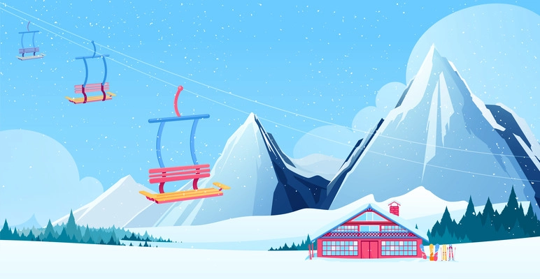 Winter ski resort composition with chalet and ski lift symbols flat vector illustration