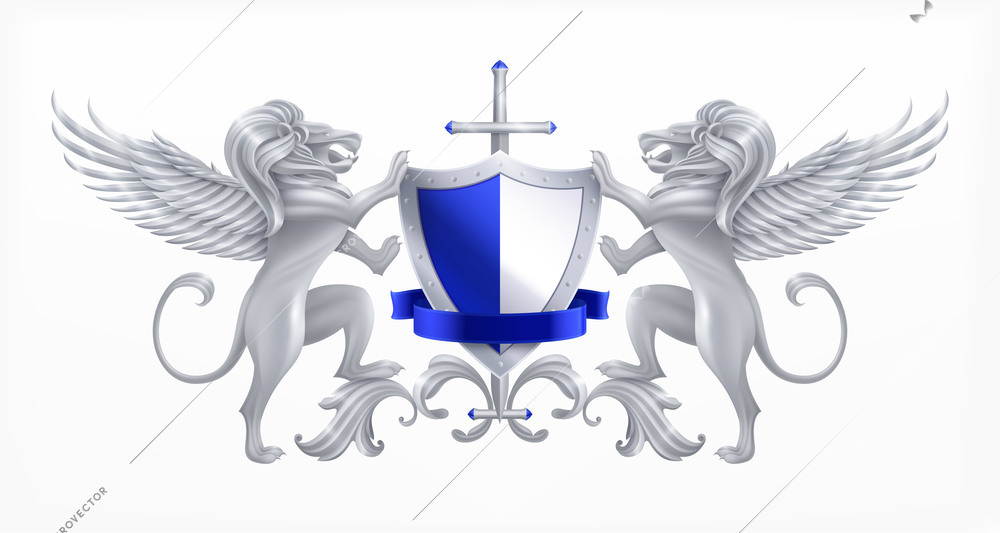 Heraldic shield silver concept with animals and sword realistic vector illustration