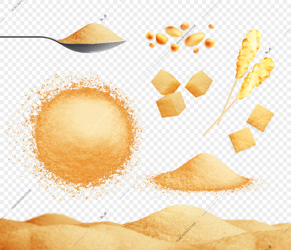 Brown sugar set with caramel piles and cubes realistic transparent isolated vector illustration