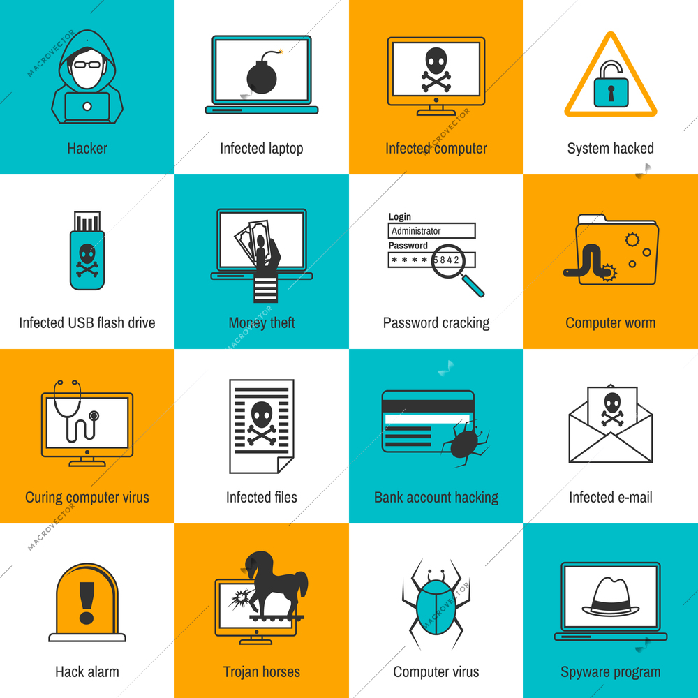 Hacker infected laptop computer and flash drive flat line icons set isolated vector illustration