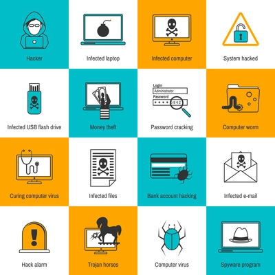 Hacker infected laptop computer and flash drive flat line icons set isolated vector illustration