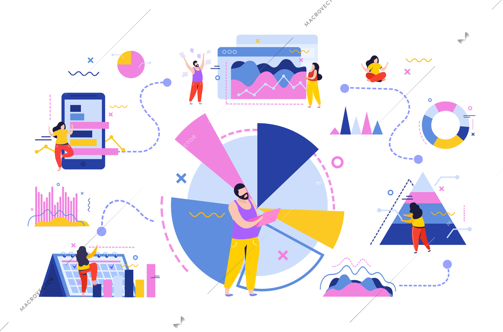 Data analysis flat composition with human characters with bar charts elements of graphs and dash lines vector illustration