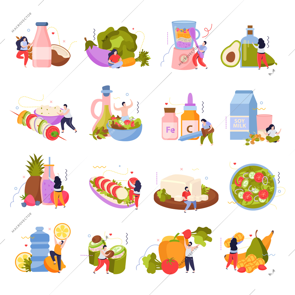 Vegan food set of isolated icons and compositions of human characters with dishes vegetables and products vector illustration