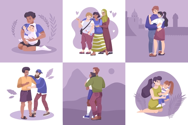 Flat hug icon set with couple father and child mother and child and friends vector illustration