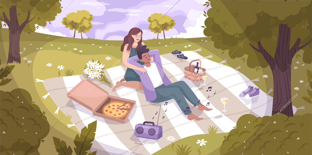 Romantic couple nature flat composition with lovers had a picnic in the park on a blanket