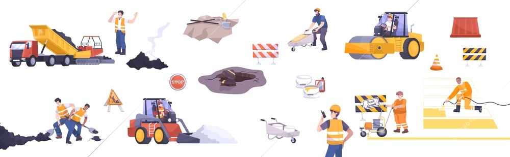 Road repair flat icon set workers in special uniforms machines and barriers for work vector illustration