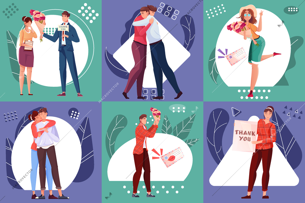 Thank you six square compositions with cute funny people and enamored couples isolated vector illustration