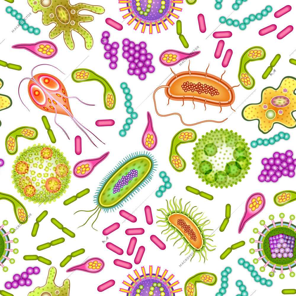 Bacteria virus and germs microorganism cells seamless pattern color vector illustration