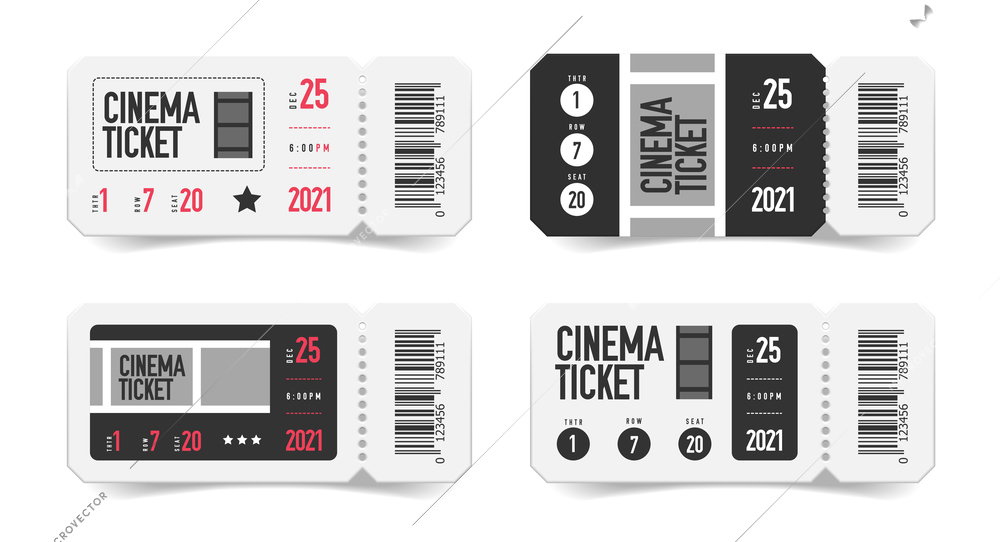 Realistic empty ticket cinema set with isolated images of coupons with printed barcode and seat number vector illustration