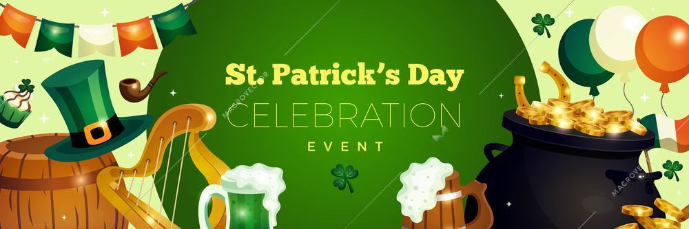 Saint patricks day horizontal poster with editable text and images of irish flags balloons and drinks vector illustration