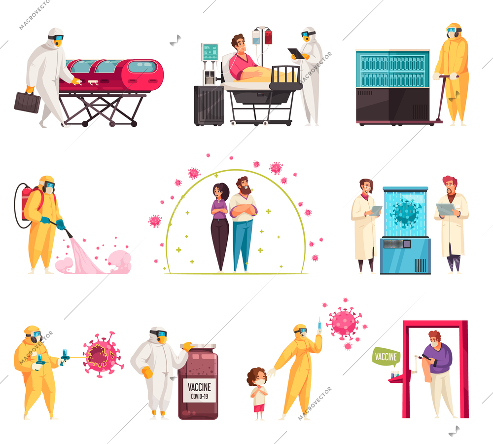 Coronavirus flat set of patient in hospital medical staff delivering covid infected person people performing disinfection isolated vector illustration