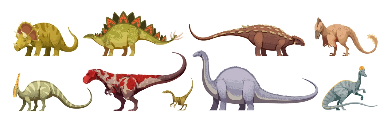 Carnivores and herbivores giants and small animals dinosaurs colored cartoon set isolated on white background vector illustration