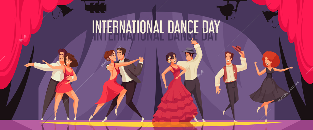 International dance day horizontal composition with professional couples performing ballroom dancing on dancefloor flat vector illustration