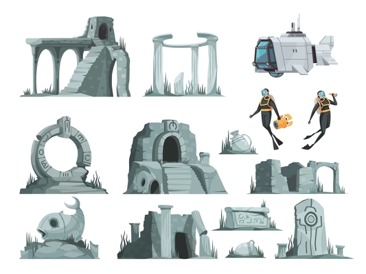 Atlantis ruins cartoon icons set of elements for computer game isolated vector illustration