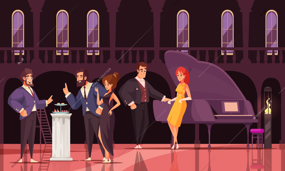 Social event with group of rich people on prestigious party in fashionable place flat vector illustration