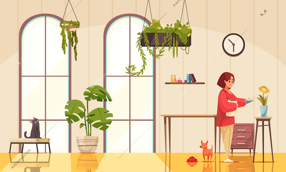 Interior with home plants and woman watering flowers in vase flat background vector illustration