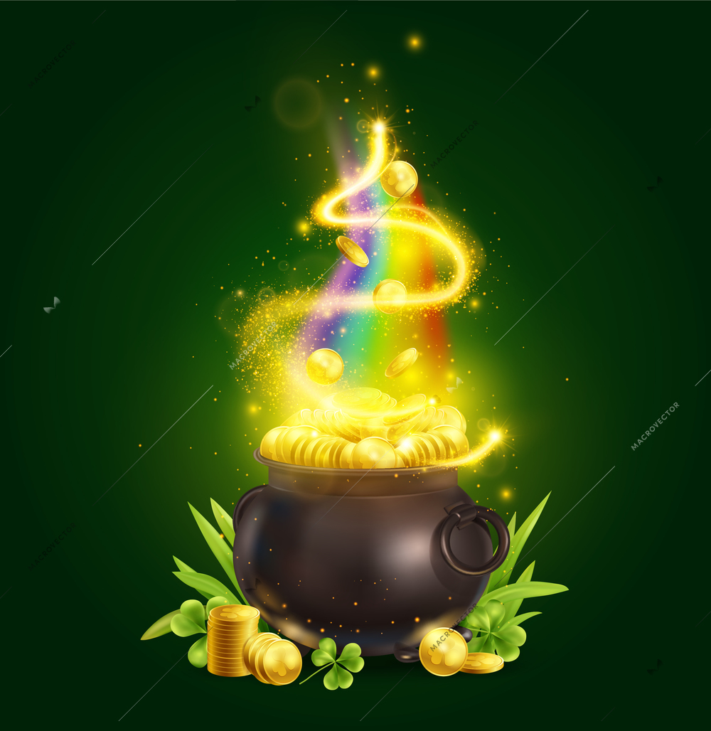 Realistic patrick day green pot composition with magic pot and stacks of golden coins with rainbow vector illustration