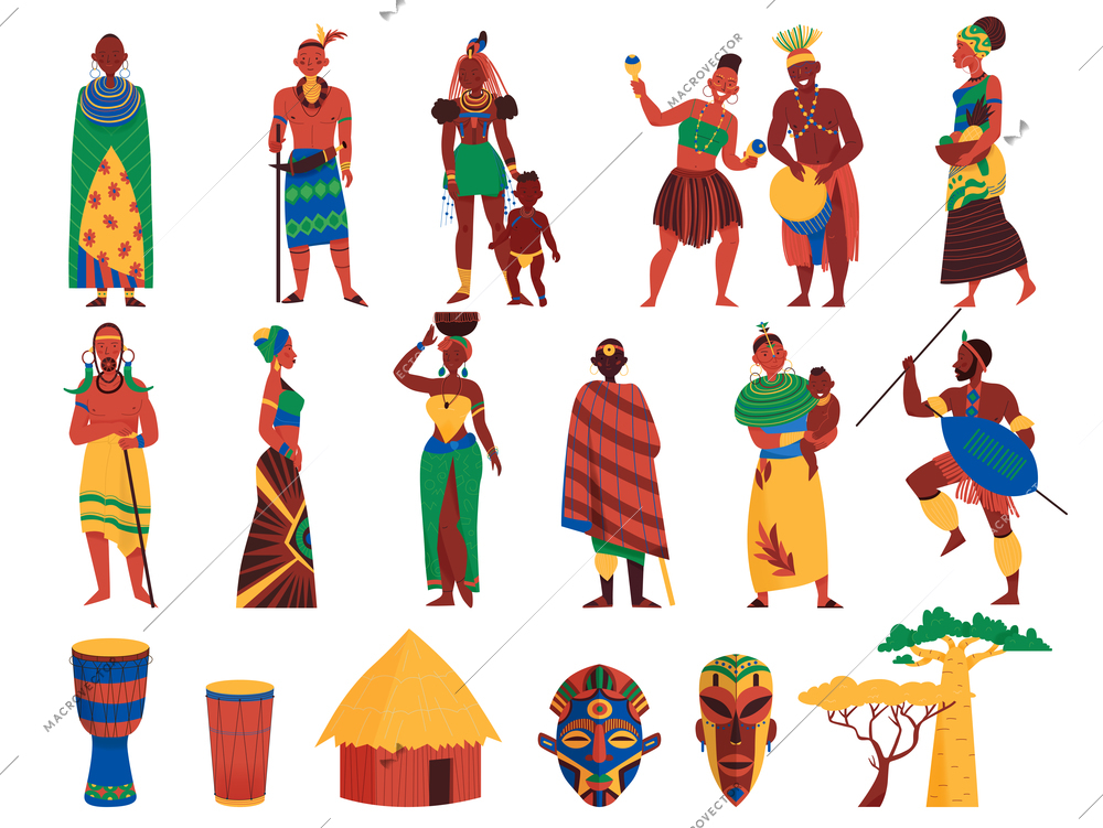 Africa set of isolated icons and human characters of black people in traditional costumes with masks vector illustration