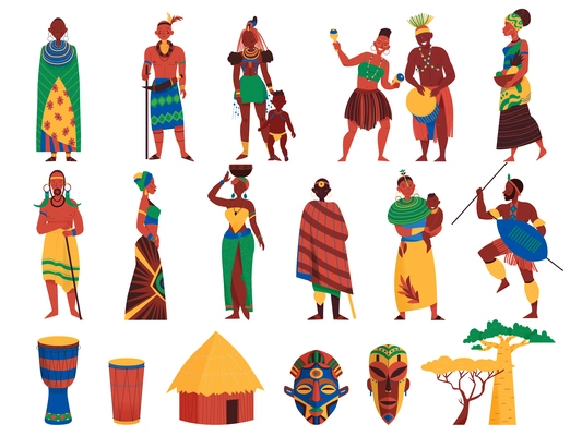 Africa set of isolated icons and human characters of black people in traditional costumes with masks vector illustration