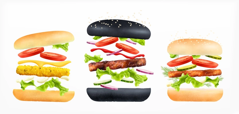 Burger constructor ingredients set of realistic compositions with flying buns and meat with lettuce and tomatoes vector illustration