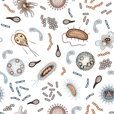 Bacteria virus and germs disease microorganism cells seamless pattern vector illustration