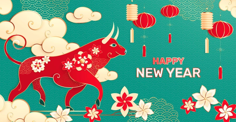 Chinese new year composition with editable text and asian style image of bull with flowers lanterns vector illustration