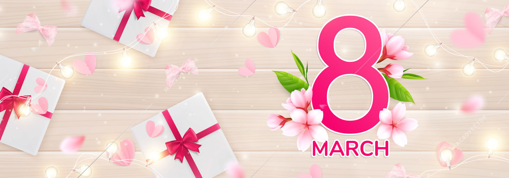 8 march womans day composition with string lights pink petals of blossom text and gift boxes vector illustration