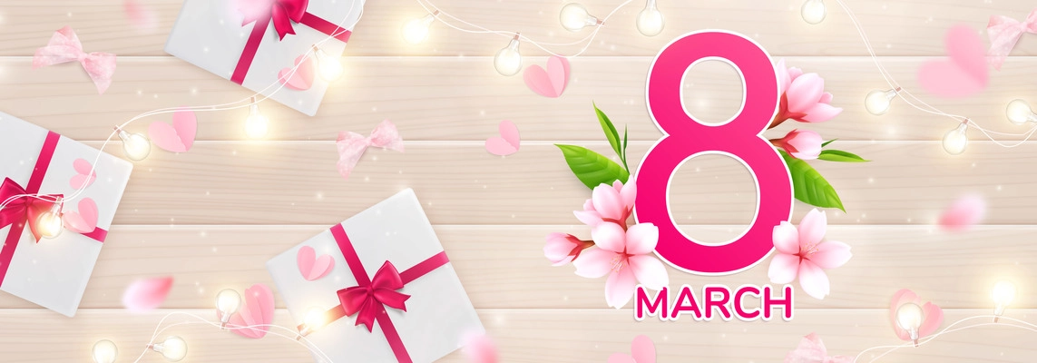 8 march womans day composition with string lights pink petals of blossom text and gift boxes vector illustration