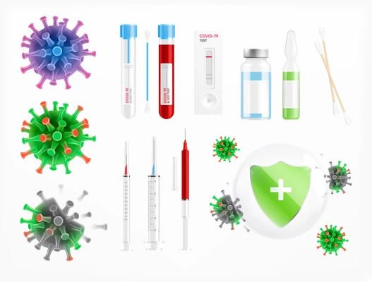 Coronavirus vaccine realistic set with isolated icons of viruses and equipment for vaccination syringe and vials vector illustration