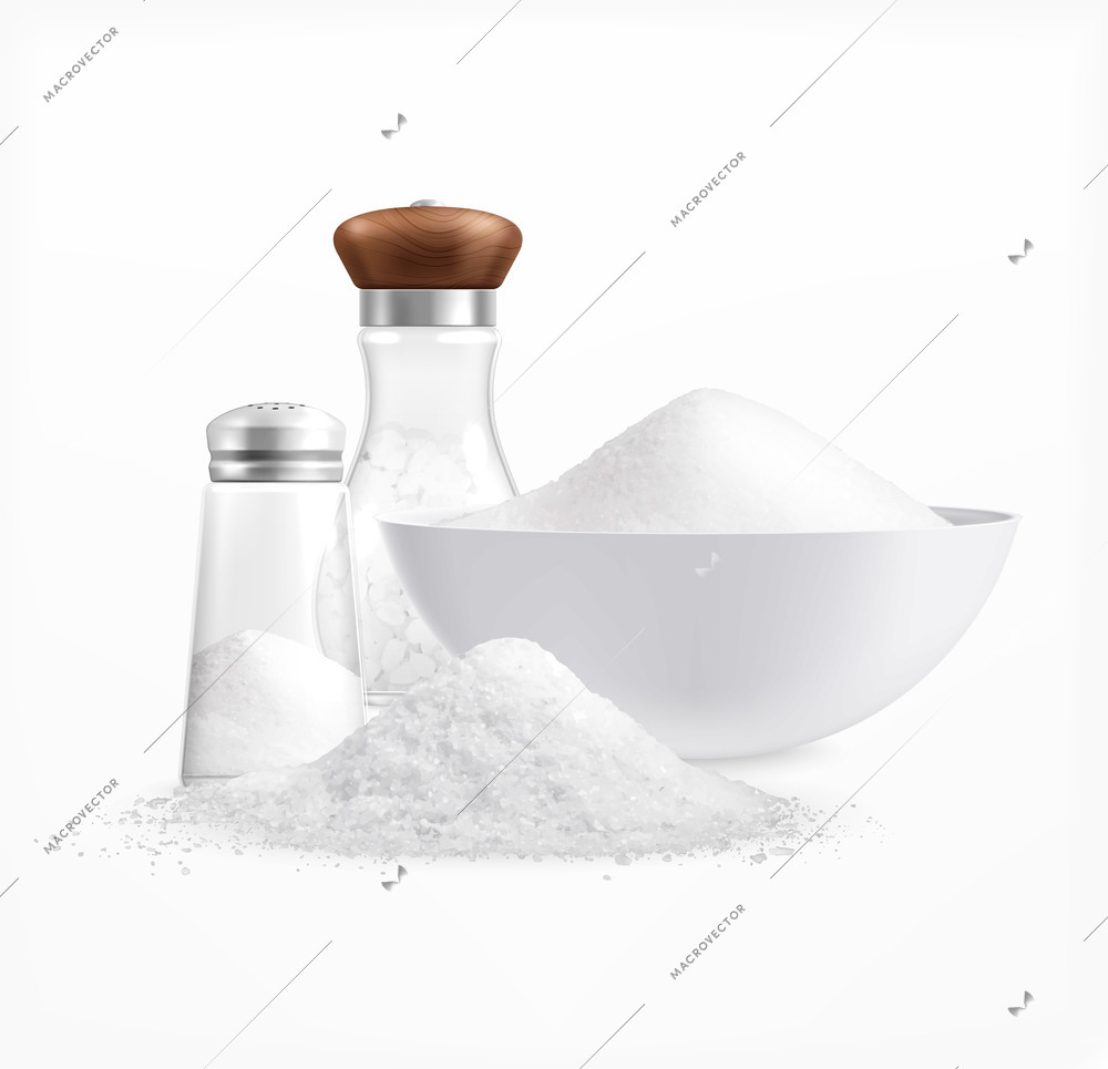 Sea salt realistic composition with piles of white salt in plates and glass jars with caps vector illustration