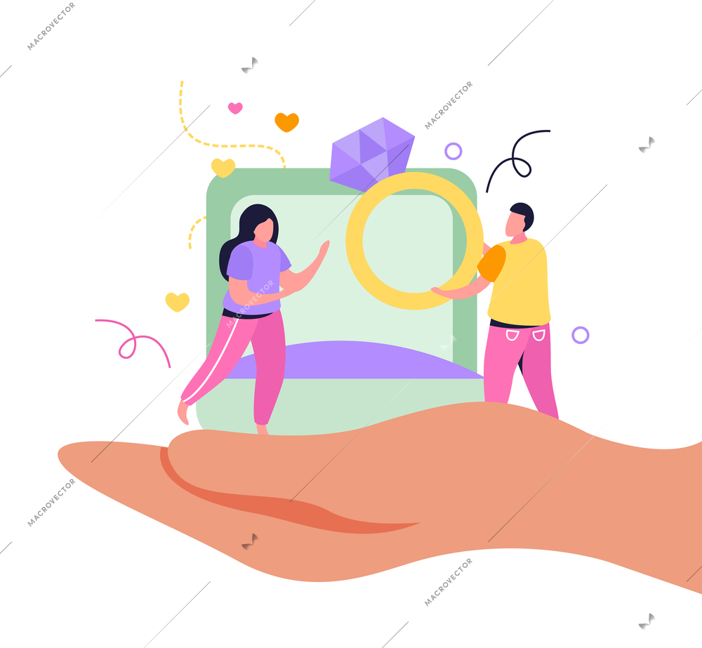 Valentines day flat background with composition of loving couple with ring on top of human hand vector illustration