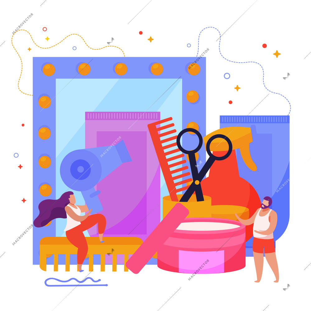 Hair care flat background composition with human characters and mirror with blow dryer scissors and combs vector illustration