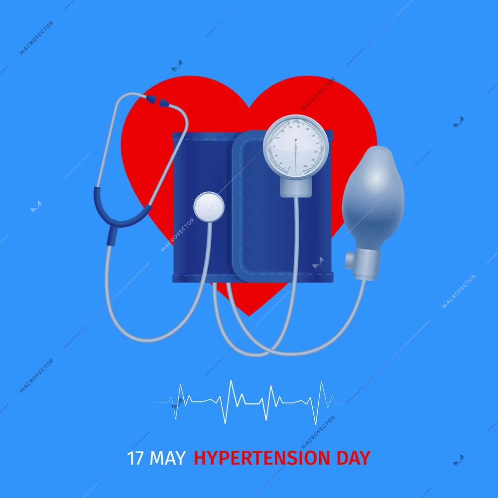 World hypertension day poster with tonometer on heart symbol above electrocardiogram rate graph  blue background vector illustration