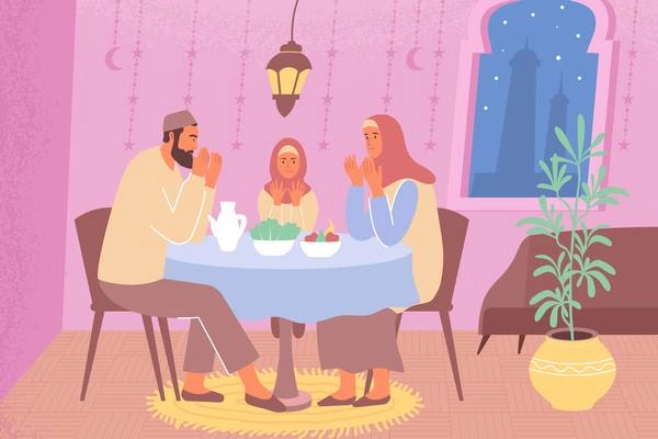 Ramadan family iftar flat composition with home scenery father with mother and daughter praying at table vector illustration