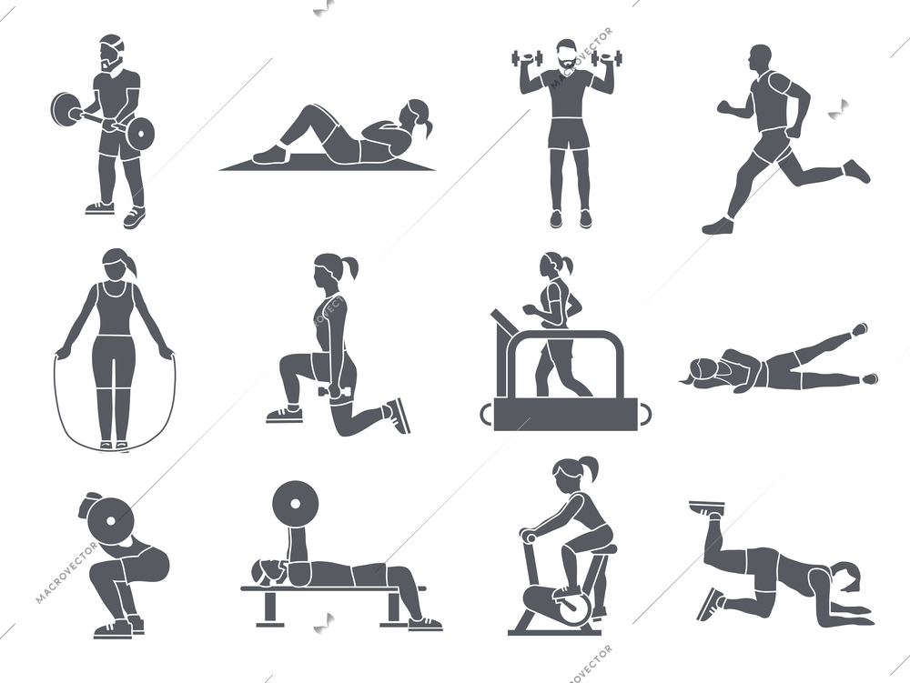 Gym sport exercises fitness weight loss and healthy lifestyle icons set vector illustration