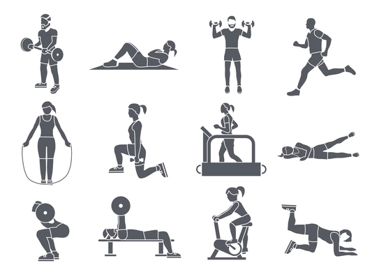 Gym sport exercises fitness weight loss and healthy lifestyle icons set vector illustration