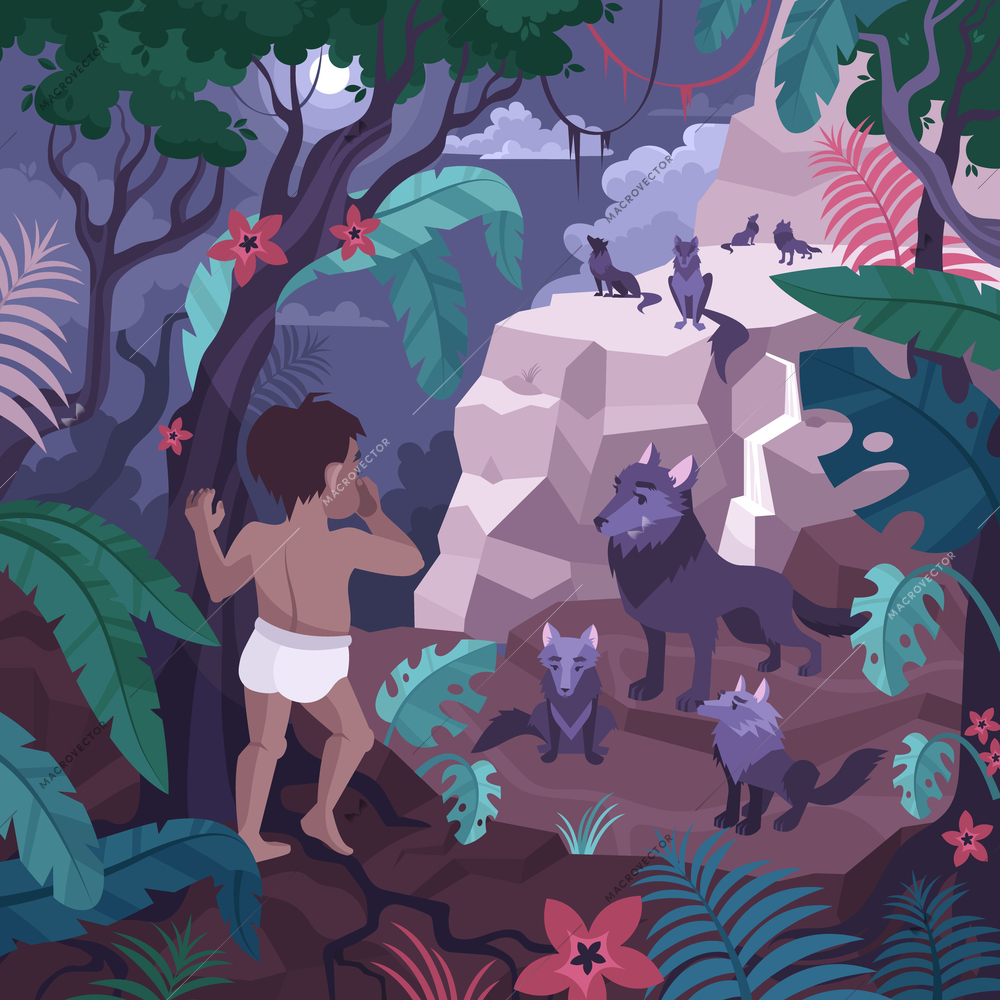 Mowgli coloring page flat composition with little boy character in rainforest scenery with wolves on cliff vector illustration