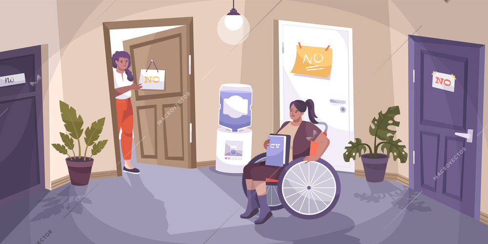 Social justice disabled flat composition with unreasonable denials for a disabled person in  wheelchair vector illustration