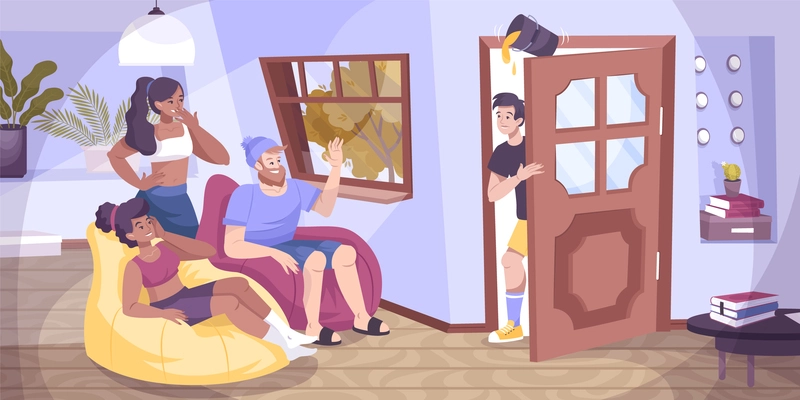 All fools door flat composition with indoor scenery of living room with group of young friends vector illustration