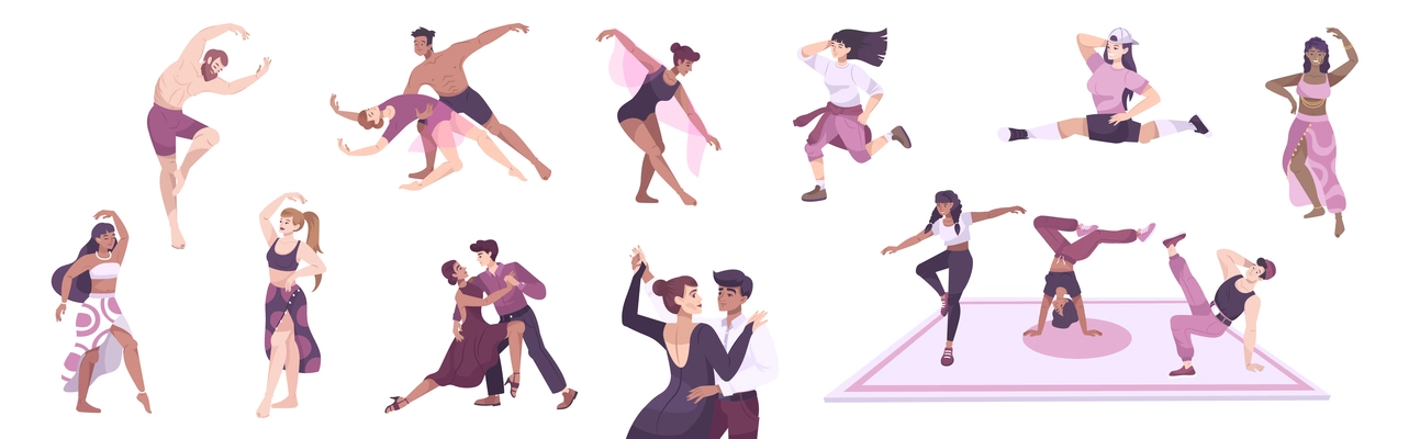 Dancer set with flat icons and characters of male and female dancers single and in pairs vector illustration