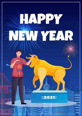 Happy 2021 chinese new year greeting card with asian man statue of golden bull and fireworks flat vector illustration