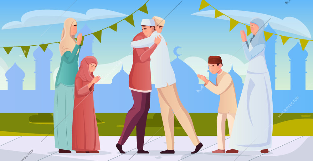 Muslim men women and children greeting each other during ramadan flat vector illustration