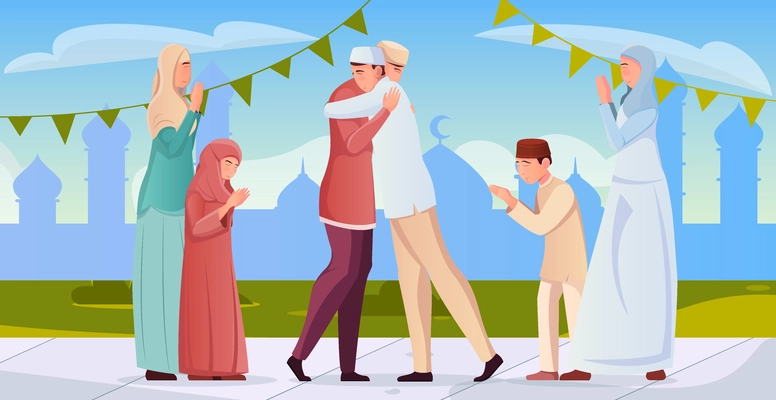 Muslim men women and children greeting each other during ramadan flat vector illustration