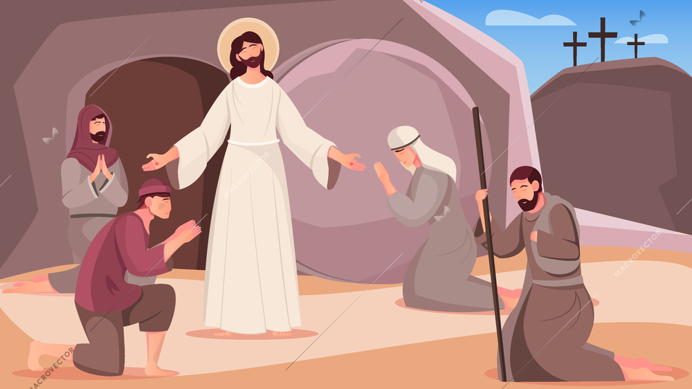 Jesus resurrection and people near tomb cave exit flat vector illustration